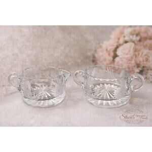 Vintage Etched Crystal Sugar & Creamer Set Floral Starburst Handles